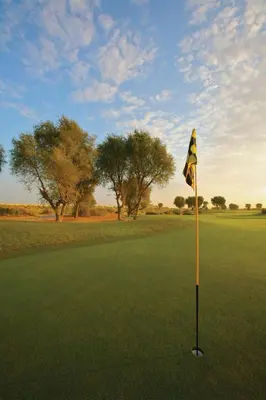 a golf course with a flag on the green at Arabian Ranches Golf Club in Dubai