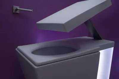 a white toilet with a sink on a purple wall at JBR Luxury Penthouse with private pool, cinema, gym, spa etc in Dubai