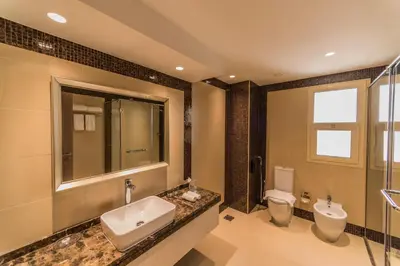 a bathroom with a sink and a toilet and a mirror at MENA Plaza Hotel Albarsha At The Mall in Dubai