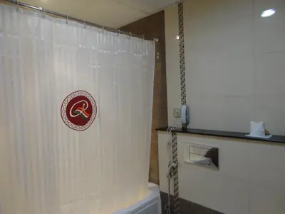 a bathroom with a shower curtain and a toilet at Ramee Rose Hotel in Dubai