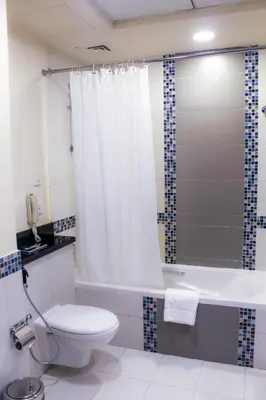 a bathroom with a toilet and a bath tub with a shower curtain at Dunes Hotel Apartment Oud Metha, Bur Dubai in Dubai