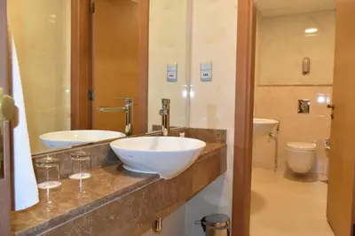 a bathroom with a sink and a toilet at Al Khoory Executive Hotel, Al Wasl in Dubai
