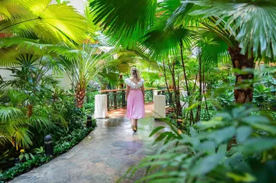 a woman in a pink dress walking through a garden at Grand Hyatt Dubai Resort & Waterpark in Dubai