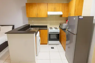 a small kitchen with a refrigerator and a stove at Deluxe Studio for Rent at Marina View Towers in Dubai