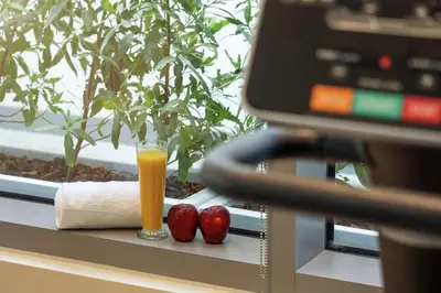 a glass of orange juice sitting on a window sill with two apples at Hampton By Hilton Dubai Al Barsha in Dubai