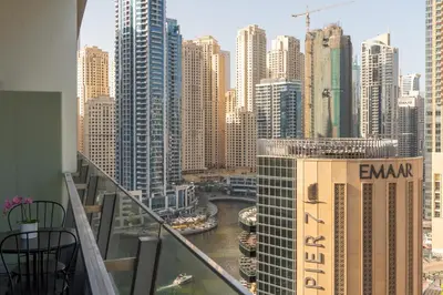 a view of a city from the balcony of a building at Silverene Towers Dubai Marina - By Home Of Choice in Dubai