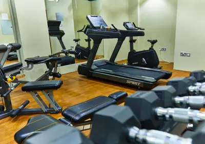 a row of exercise bikes in a gym at Rose Plaza Hotel Al Barsha in Dubai