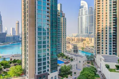 an aerial view of a city with tall buildings at Durrani Homes - Luxurious Studio near Dubai Mall with pool view in Dubai