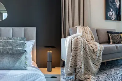 two pictures of a living room with a couch at The Smart Concierge - Bay Central in Dubai