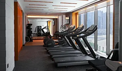 a gym with a row of treadmills at Barcelo Business Bay Dubai in Dubai