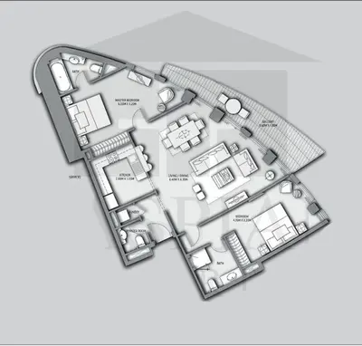 a black and white floor plan of a house at Modern 2BR with Balcony Sea Views and Pool, Gym Near Attractions in Dubai