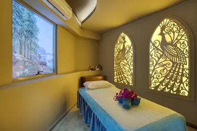 a bedroom with a bed and two windows at Grand Heights Dubai Hotel Apartments in Dubai