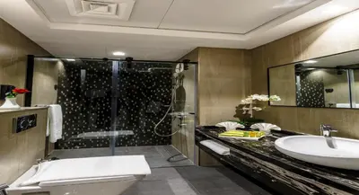 a bathroom with a shower and a toilet and a sink at Rose Executive Hotel - DWTC in Dubai
