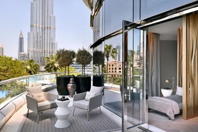 a balcony with a view of a city at Address Downtown in Dubai