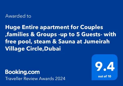 a screenshot of a phone screen with a text overlay at Huge Entire apartment for Couples ,families & Groups -up to 5 Guests- with free pool, steam & Sauna ,JVC,Dubai in Dubai