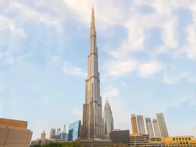 a view of the tallest building in the city at FIRST CLASS 2BR with full BURJ KHALIFA and FOUNTAIN VIEW in Dubai
