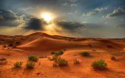 a desert with the sun shining on the sand at Smart Living Villa in Dubai