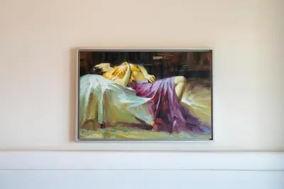 a painting of two women in dresses on a wall at Welcoming 1 Bedroom Palm Jumeirah with sea View in Dubai