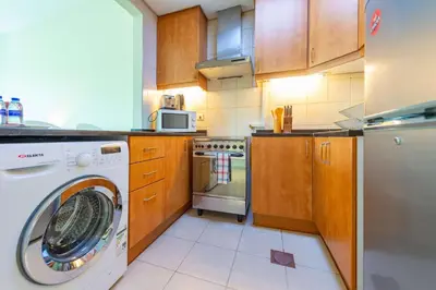 a kitchen with a washer and a dishwasher in it at Luxury Escapes - Stylish Studio in DG near to Mall & Metro - KSLV in Dubai
