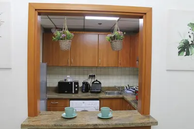 a kitchen with two cups on a counter and two plants at Newly furnished One Bedroom Apartment next to Metro & Beach in Marina Residence in Dubai