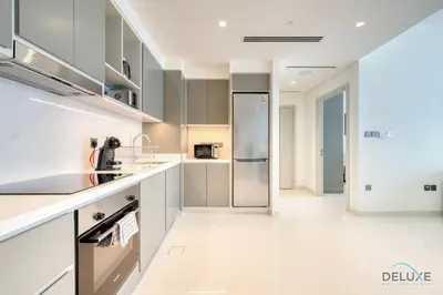 a kitchen with stainless steel appliances and gray cabinets at Idyllic 1BR at Sunrise Bay Tower 1 Emaar Beachfront Dubai Marina by Deluxe Holiday Homes in Dubai