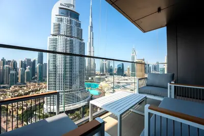 a balcony with a view of a city at boulevard point view in Dubai