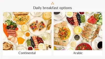 two pictures of different types of food on plates at Elite Royal Apartment - Panoramic Burj Khalifa, Fountain & Dubai skyline view - Marquise in Dubai