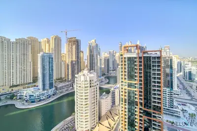 an aerial view of a city with tall buildings at Pristine 1BR in The Address Residences Dubai Marina by Deluxe Holiday Homes in Dubai