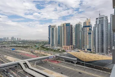 a view of a city with a highway and buildings at Marco Polo - Find your calm escape in Dubai Marina in Dubai