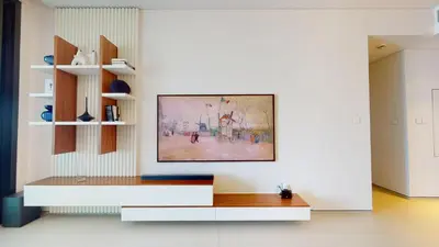 a living room with a bench and a painting on the wall at Address JBR Sea View, Jumeirah Beach Residence, Dubai Marina - Mint Stay in Dubai