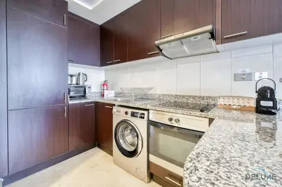 a kitchen with a washer and a dishwasher at Welcoming Studio at Sky Gardens DIFC By Deluxe Holiday Homes in Dubai