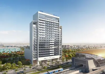 a rendering of a tall building in a city at Luxury Escapes - Cozy Studio In front of Metro Stn - Access to Gym & Pool - Aura Azizi in Dubai