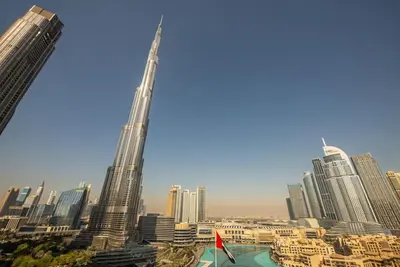 a view of a city with a tall skyscraper at FIRST CLASS 3BR with full BURJ KHALIFA VIEW in Dubai