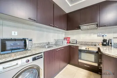 a kitchen with a washer and a dishwasher at Opulent Studio at Sky Gardens DIFC by Deluxe Holiday Homes in Dubai