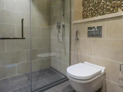 a bathroom with a shower and a toilet in it at OYO 755 Home Sobha Greens in Dubai