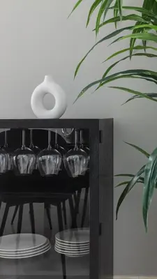 a shelf with wine glasses and a vase at 1-bedroom apartment with pool in Dubai
