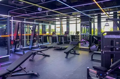 a gym with rows of treadmills and machines at Frank Porter - Regina Tower in Dubai