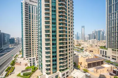 an aerial view of a city with tall buildings at RH- Chic & Sleek Studio apartment, near Burj Khalifa in Dubai