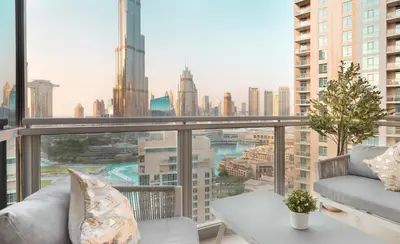 a living room with a view of the city at Elite Royal Apartment - Full Burj Khalifa & Fountain View - Grace in Dubai