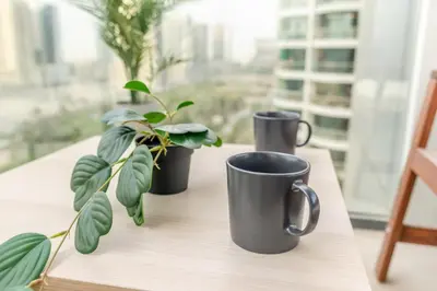 three black coffee cups on a table with a plant at GuestReady - Zen in the heart of JVC in Dubai