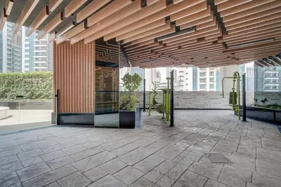 an office lobby with a view of a building at Lovely studio in Business Bay in Dubai