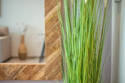 a vase filled with green plants in a room at Modern flat with KING SIZE bed and HIGH SPEED Wifi in Dubai