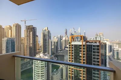 a view of a city skyline with tall buildings at Daniels 1BR at JW Marriott with Dubai Marina View in Dubai