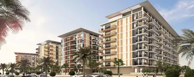 a rendering of a large apartment building with palm trees at Mira Holiday Homes - Newly serviced apartment in Dubai South in Dubai