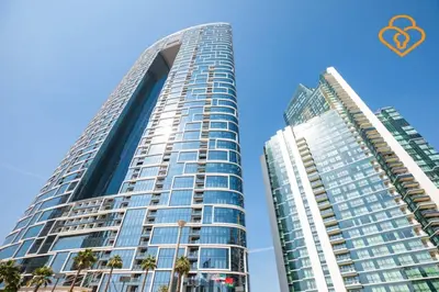 a view of two tall buildings at Keysplease Luxury 1 BR Apt Address W Private Beach, JBR in Dubai