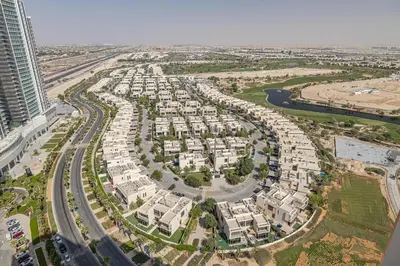an aerial view of a city with buildings and roads at City View I 1 Bedroom Apartment I Golf Vita, Damac Hills in Dubai