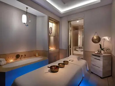 a bathroom with a large bed and a bath tub at Studio Apartment in The Palm Tower 5 Star Facilities in Dubai
