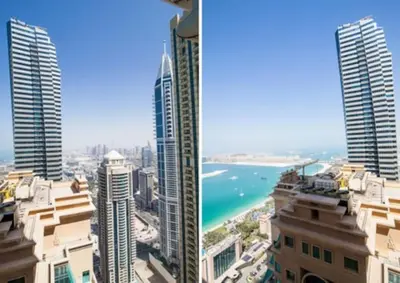 two views of the city of dubai from a skyscraper at Dubai Marina Gem - Elite Residences 1BHK Retreat 4501 in Dubai