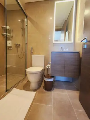 a bathroom with a toilet and a sink and a shower at STAY BY LATINEM Luxury 2BR Holiday Home CV B2302 near Burj Khalifa in Dubai