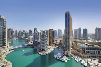 an aerial view of a city with boats in the water at Bay Central, Dubai Marina - Peaceful One Bedroom in Dubai